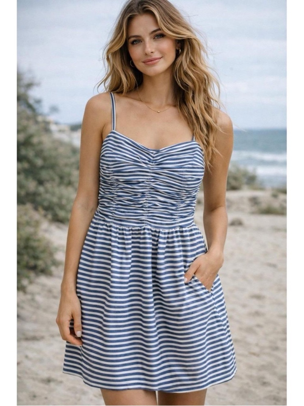 Ralph Lauren Blue and White Striped Ruched Sundress